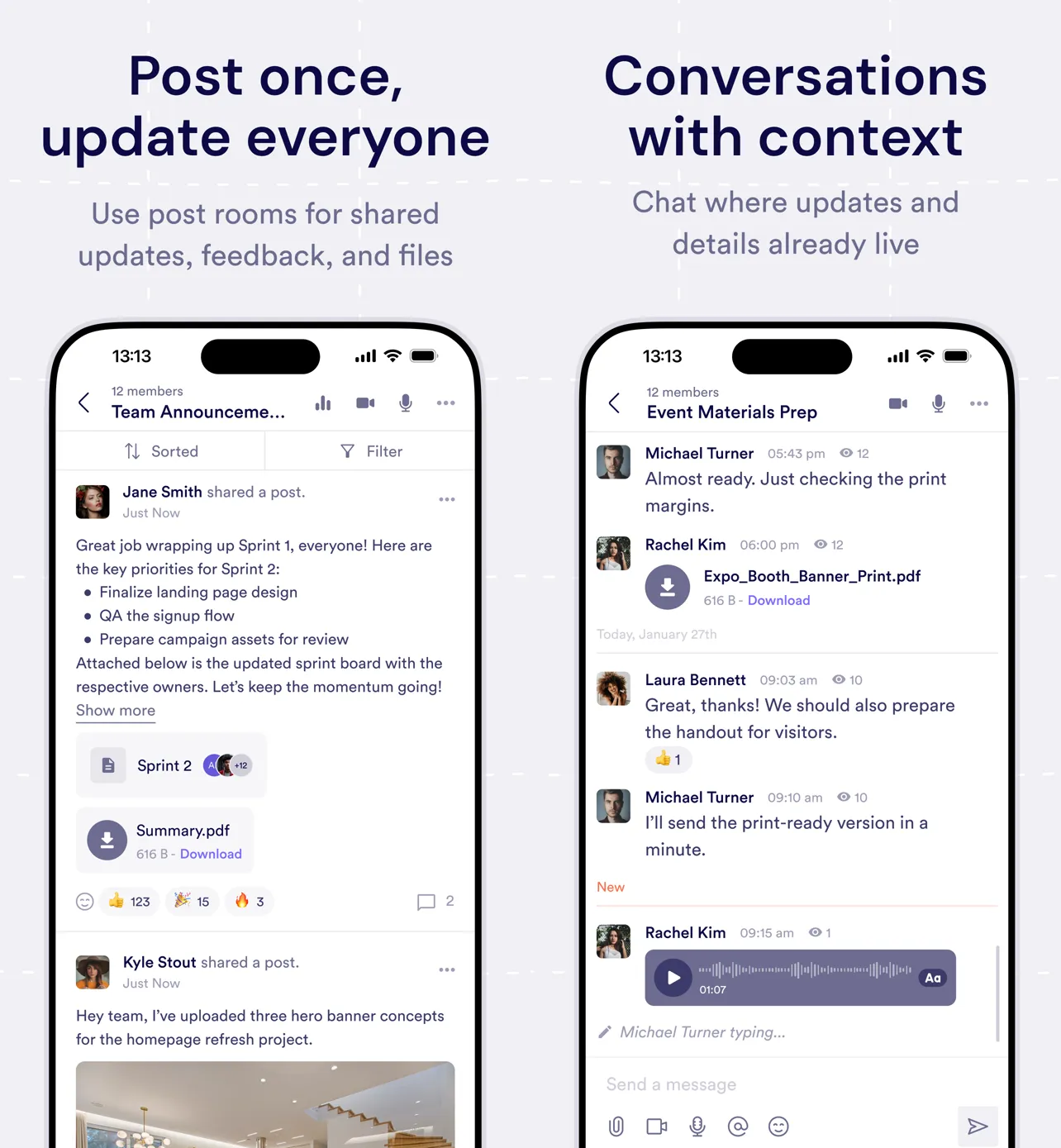 Pivot mobile screens showing a structured post and a contextual team chat