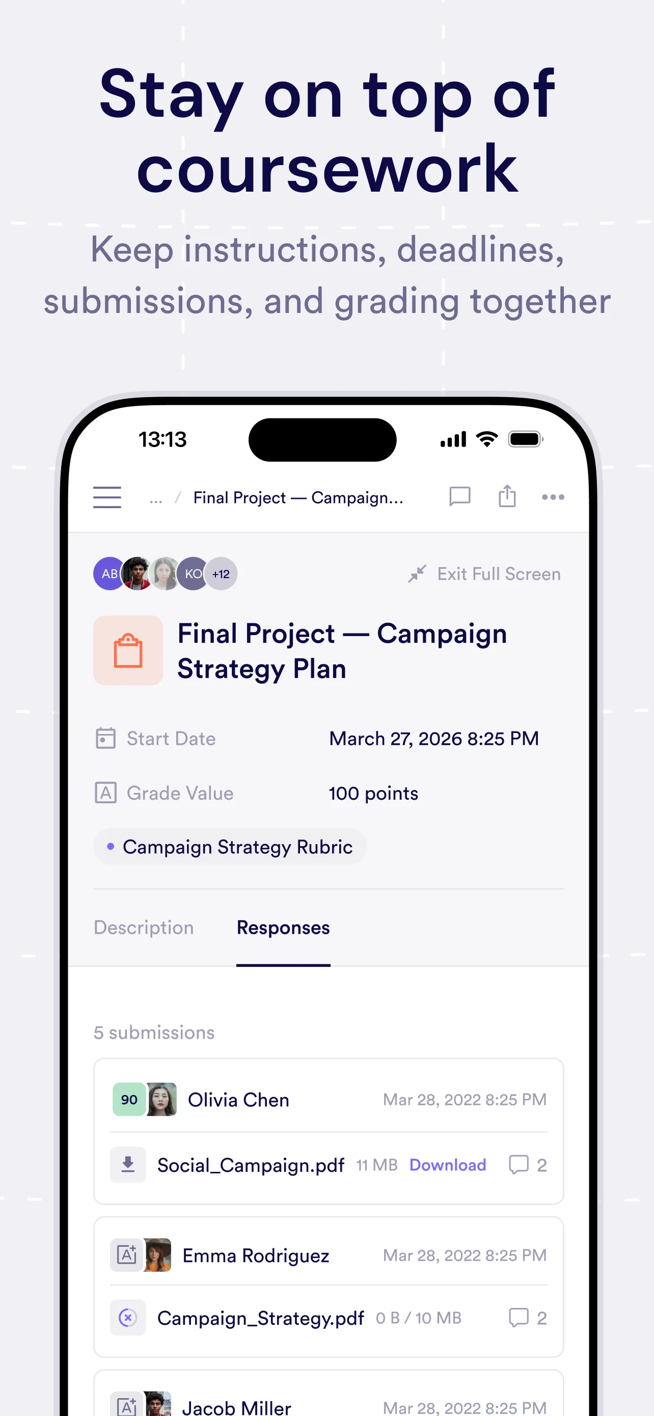 Pivot mobile app assignment showing instructions, a deadline, submissions, and grading details