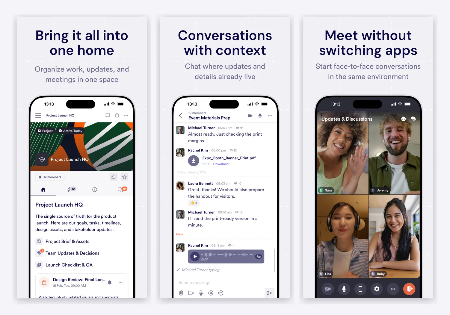 Pivot mobile app screens showing a project space, a contextual team conversation, and a live video meeting