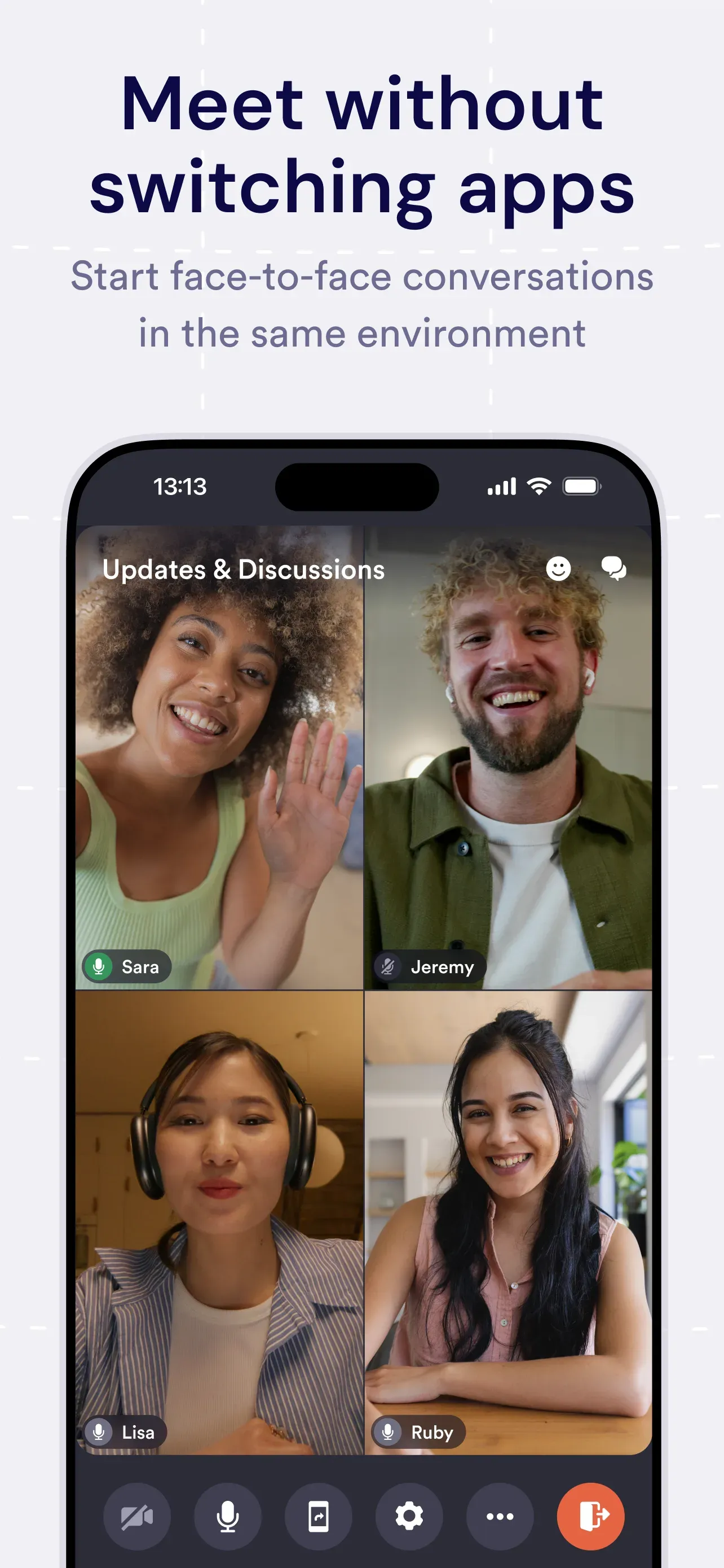Pivot mobile app video room showing four participants and in-room controls