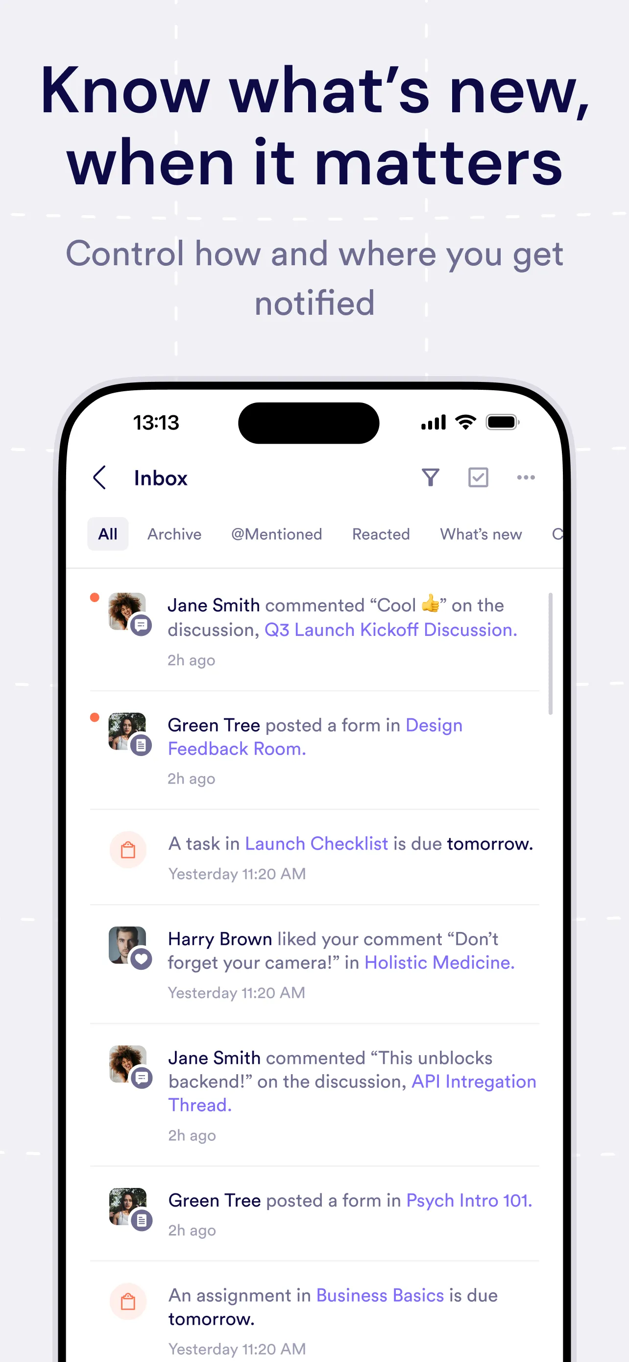 Pivot mobile app inbox showing messages, posts, reactions, and assignment notifications