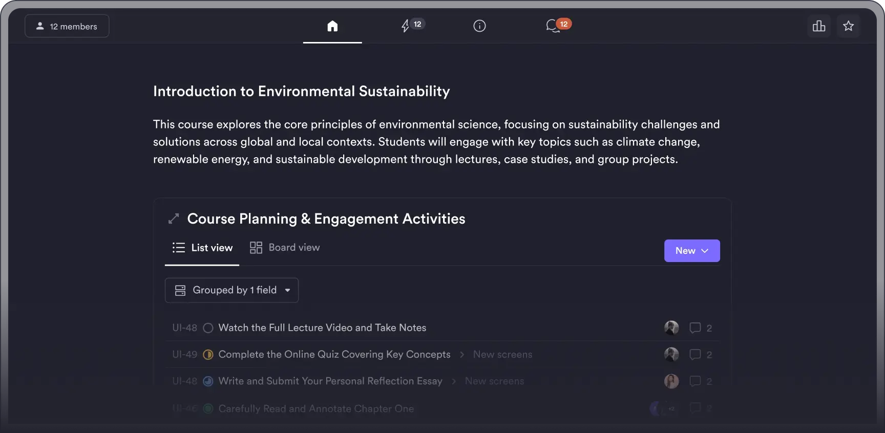Course space with modules and resources