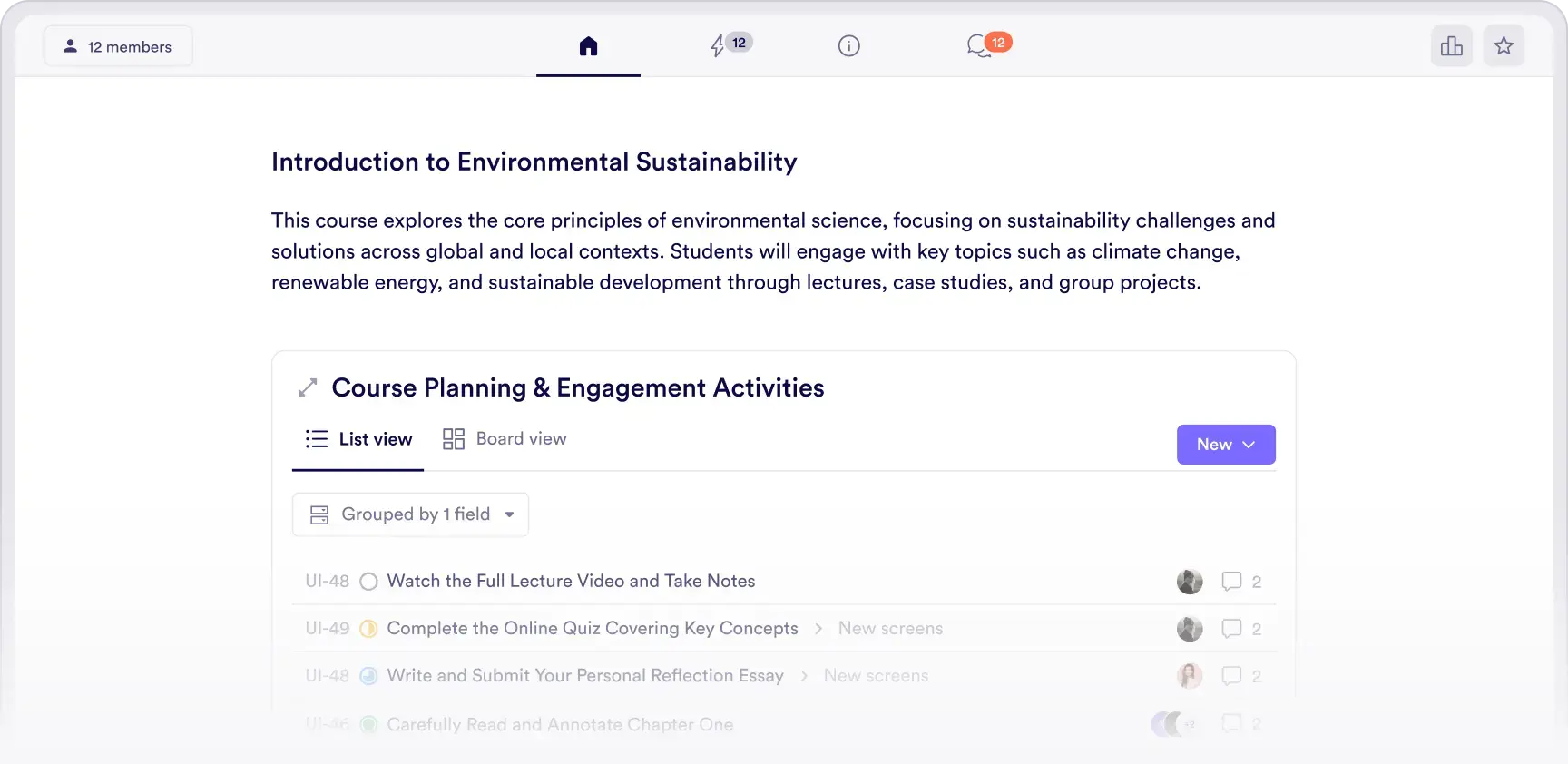 Course space with modules and resources