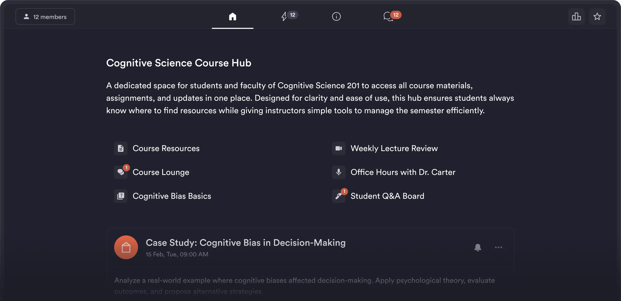 Course space with assignments and materials