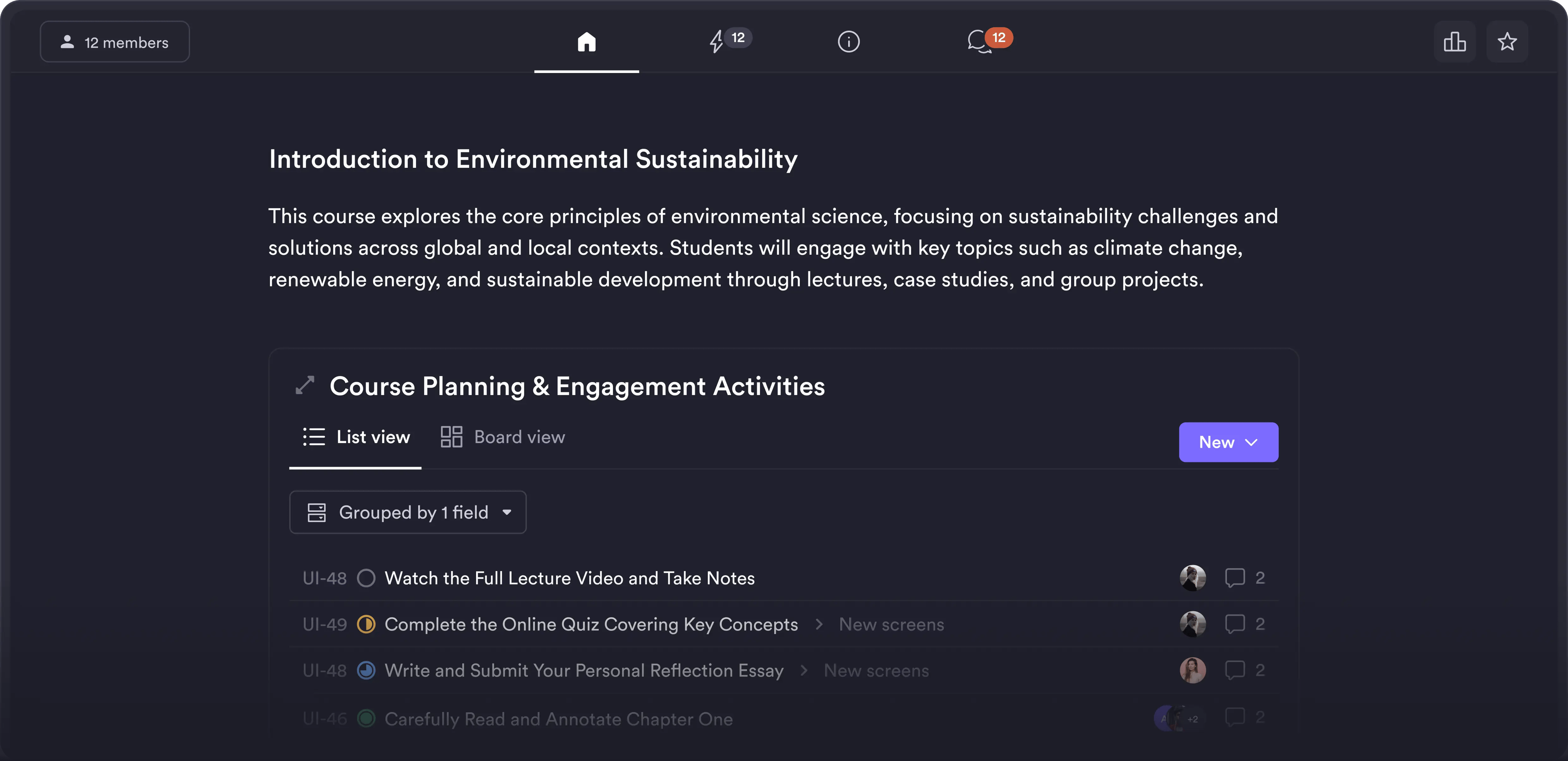 Course space with assignments and materials