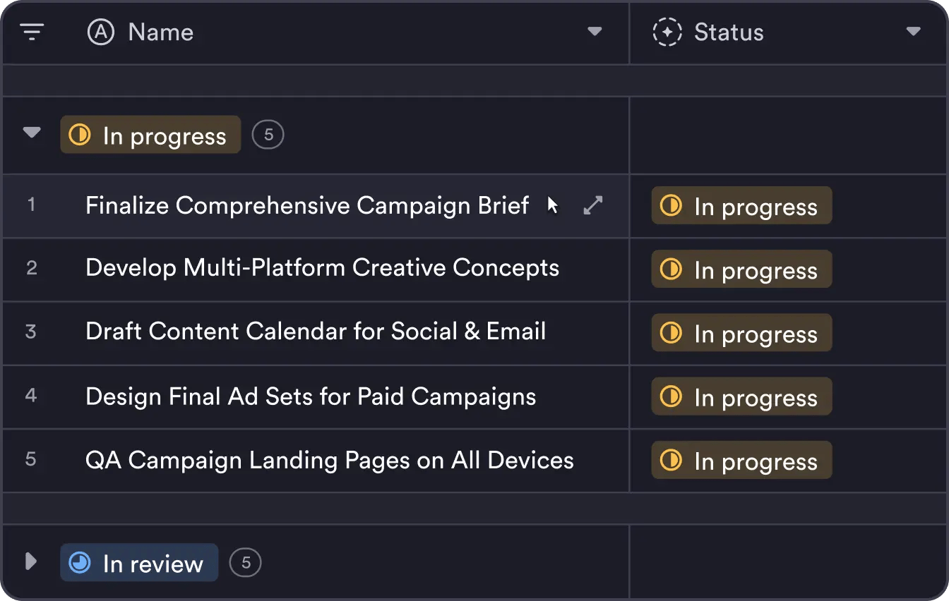 Table of tasks interface