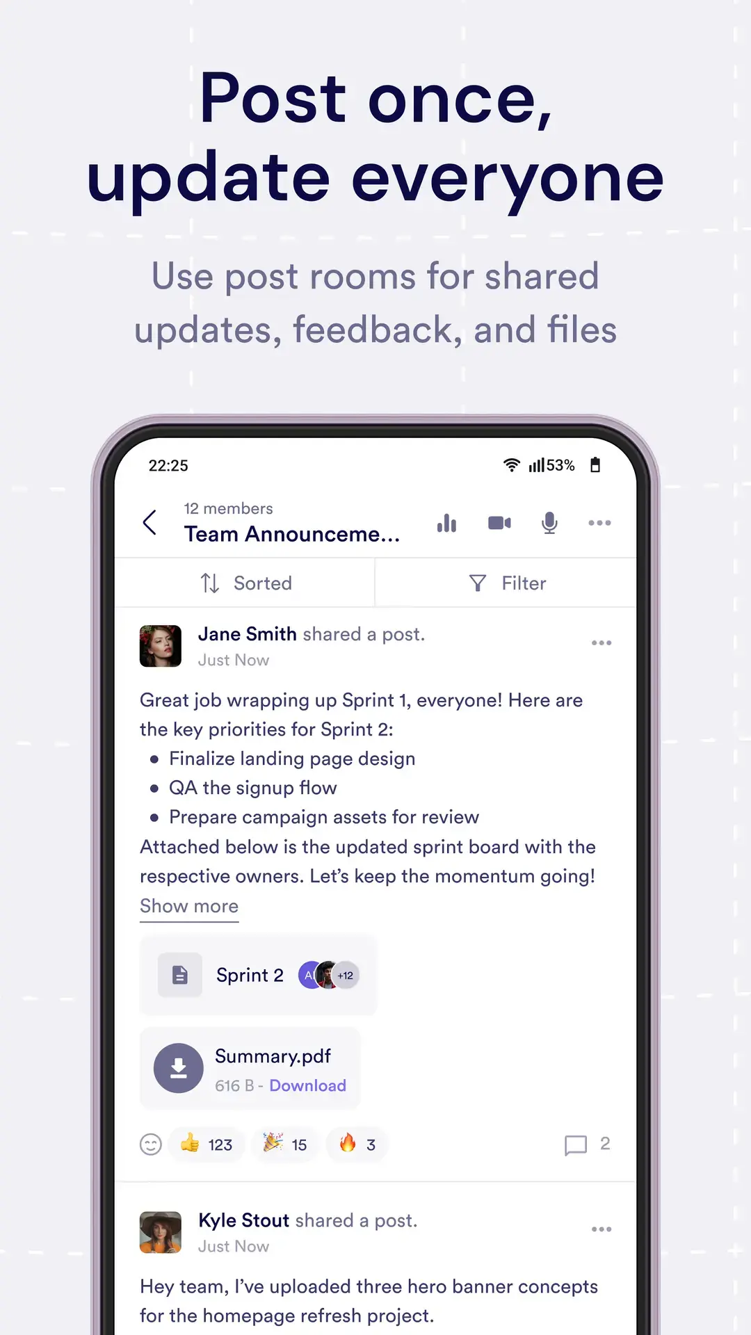 Pivot Android app post room showing a sprint update with an attached file, reactions, and replies