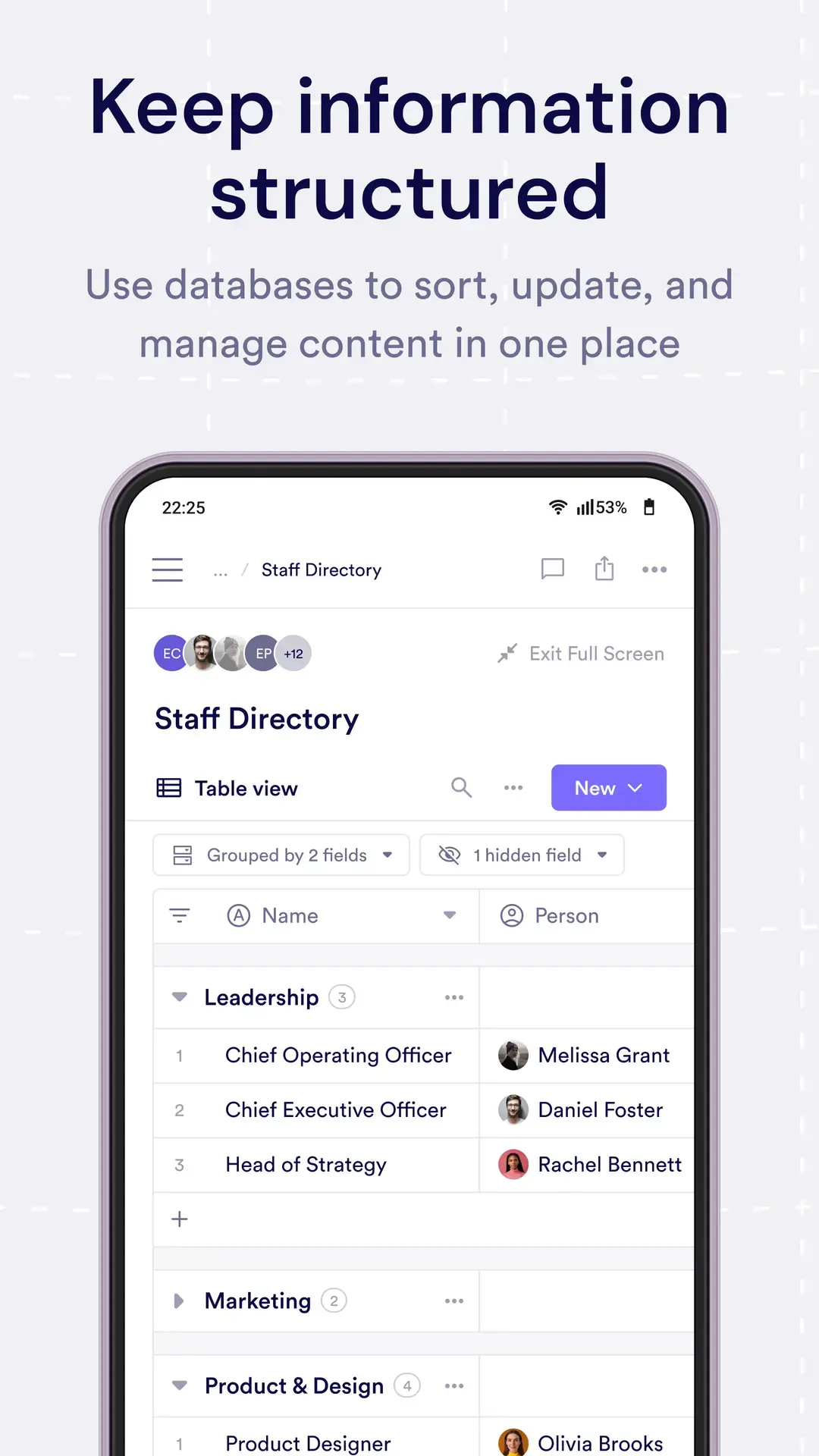 Pivot Android app database table grouped into sections with people and roles