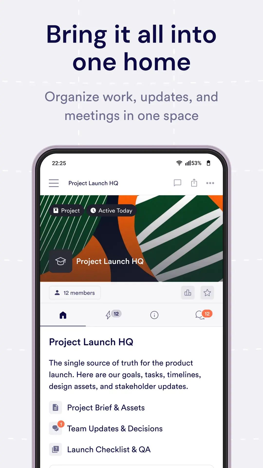 Pivot Android app project space showing updates, meetings, and shared resources in one home