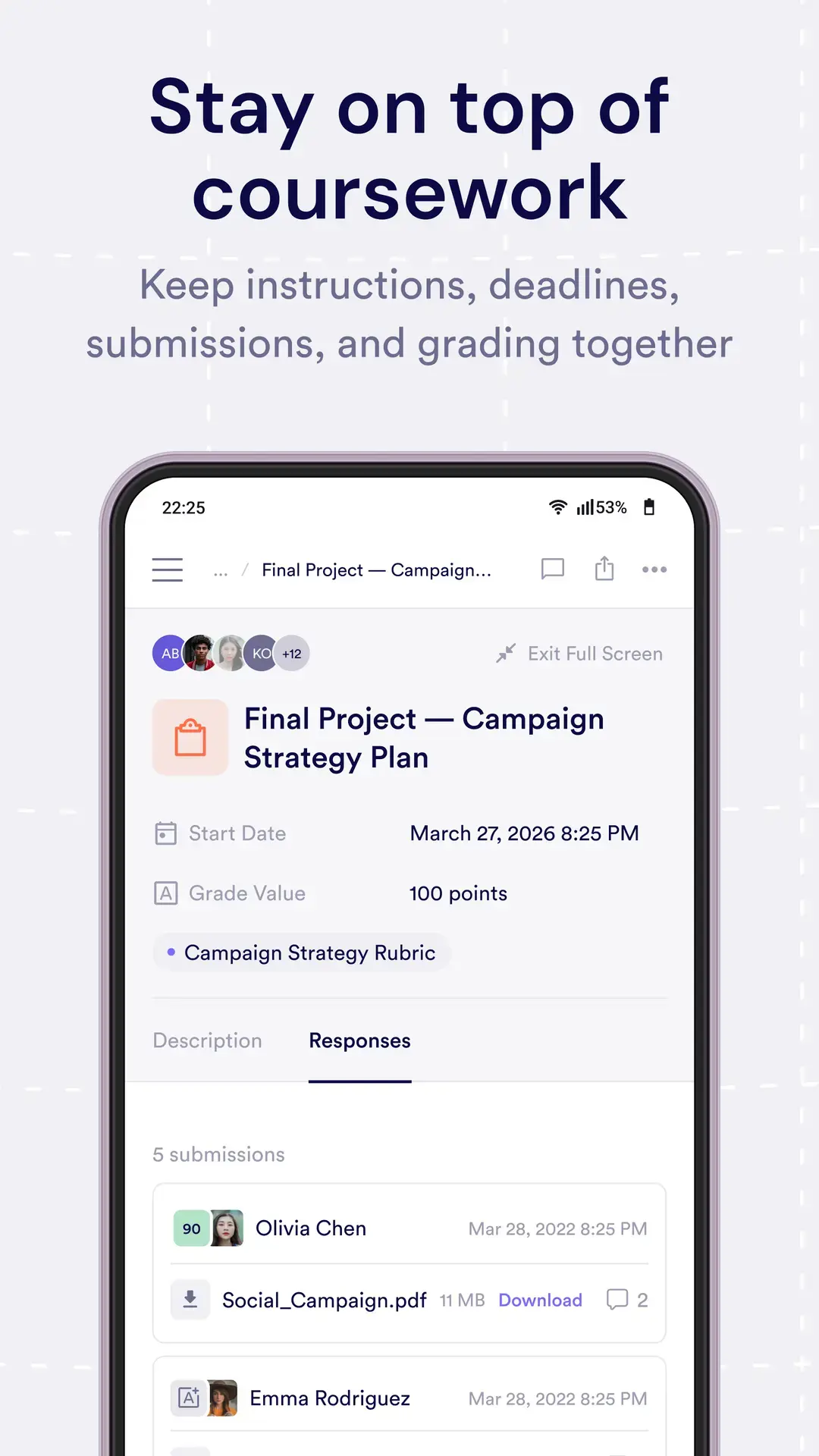 Pivot Android app assignment view showing a deadline, grade value, and student submissions