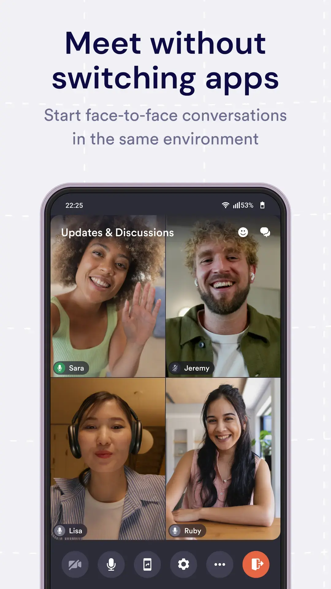 Pivot Android app video room with four participants and in-room controls