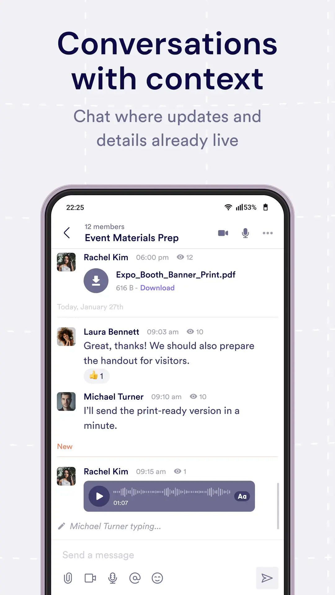 Pivot Android app chat room with a shared file, a voice message, and message reactions