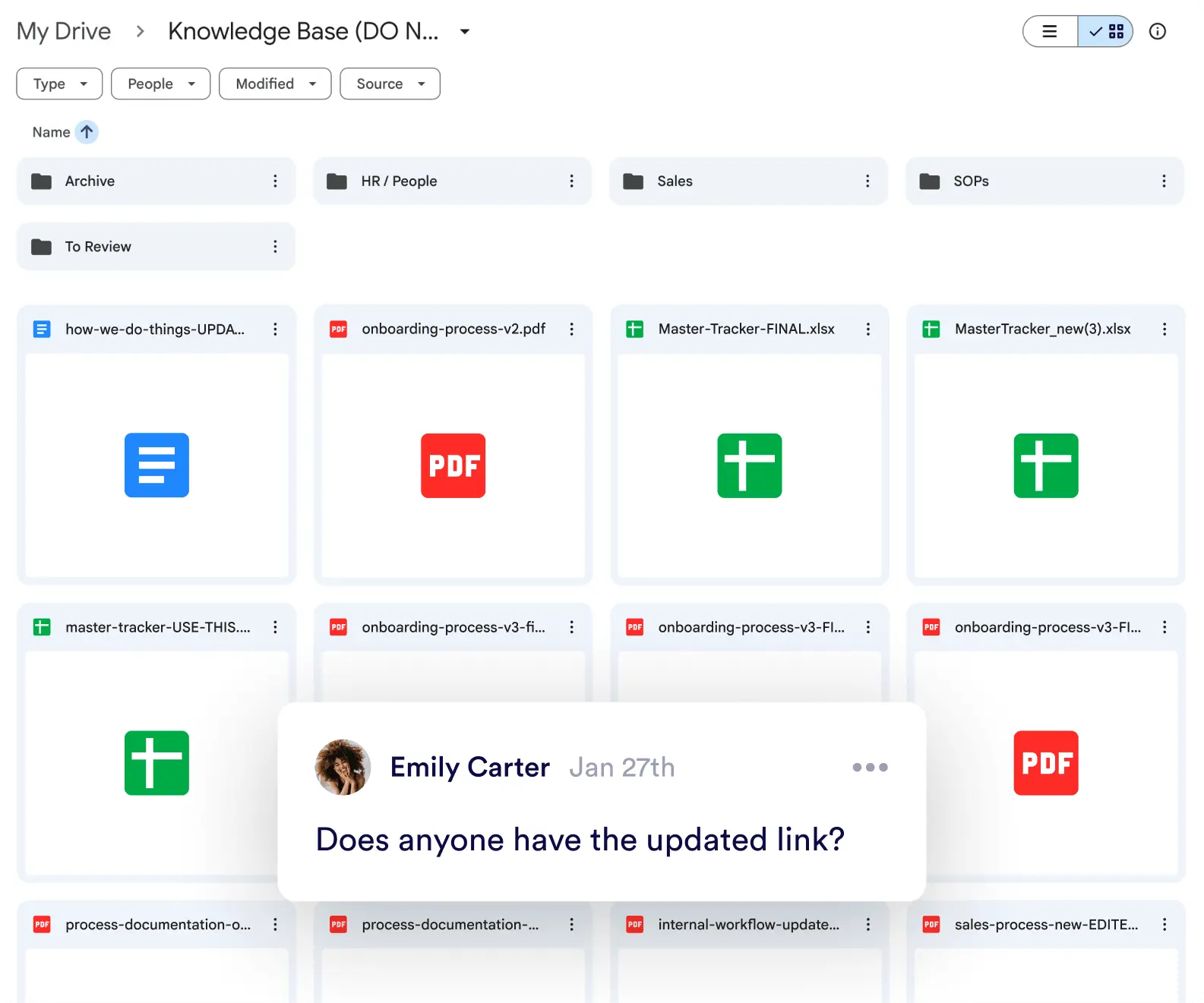A shared drive crowded with duplicate tracker and process files, and a comment asking for the updated link