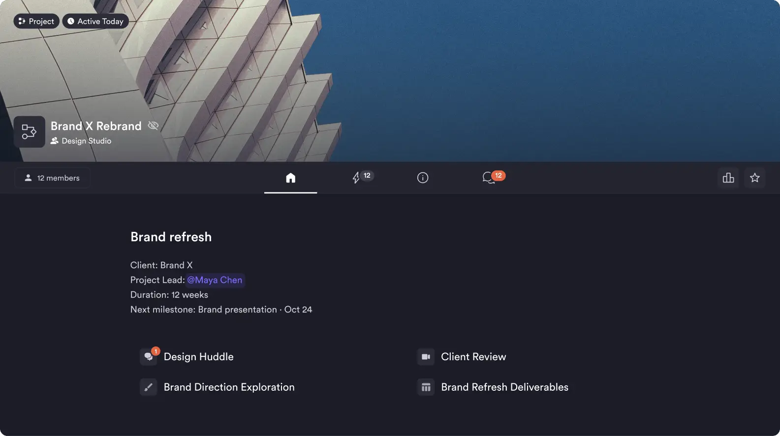 The Brand X Rebrand space in Pivot, with its brand refresh overview and pages