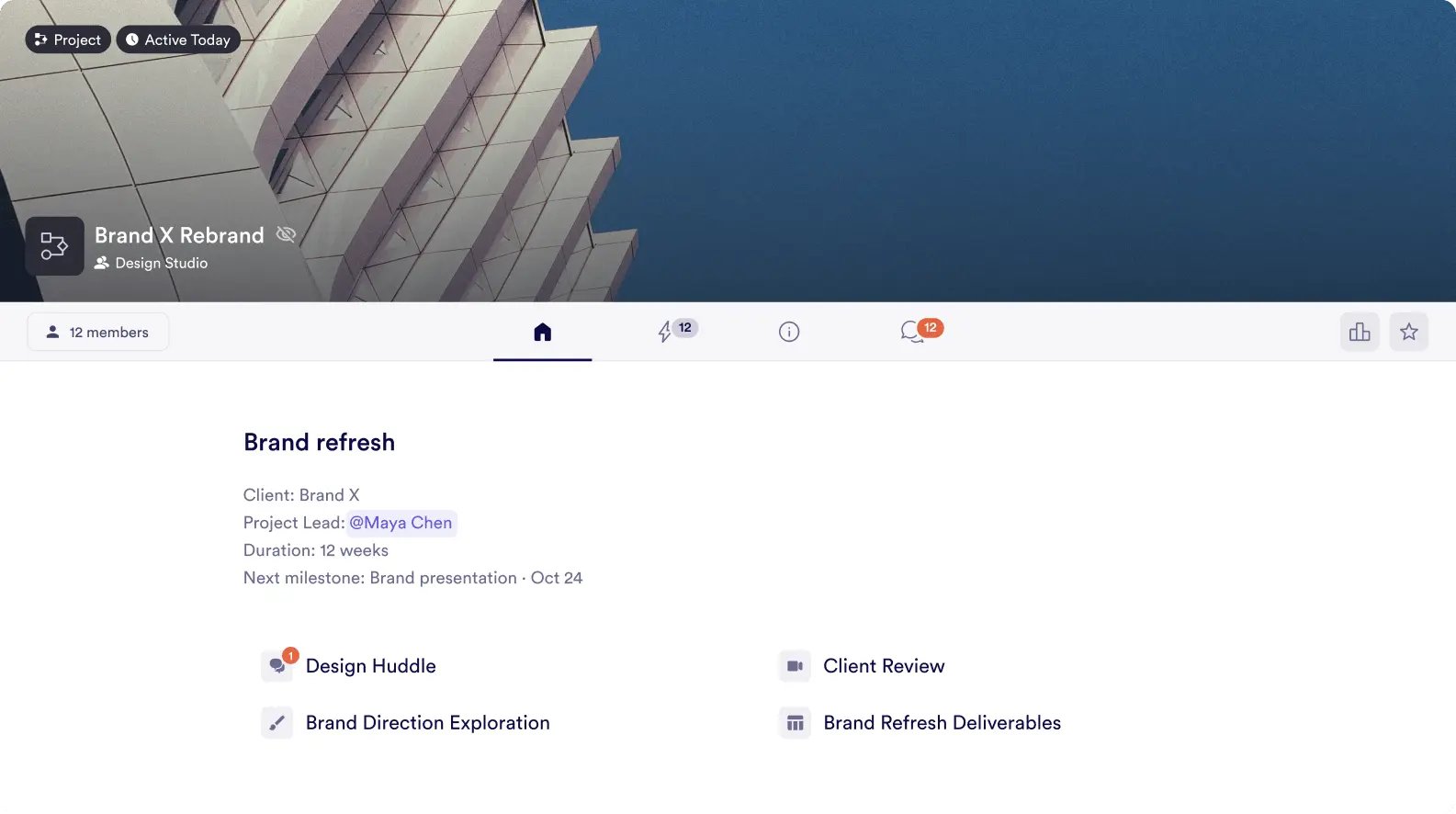 The Brand X Rebrand space in Pivot, with its brand refresh overview and pages