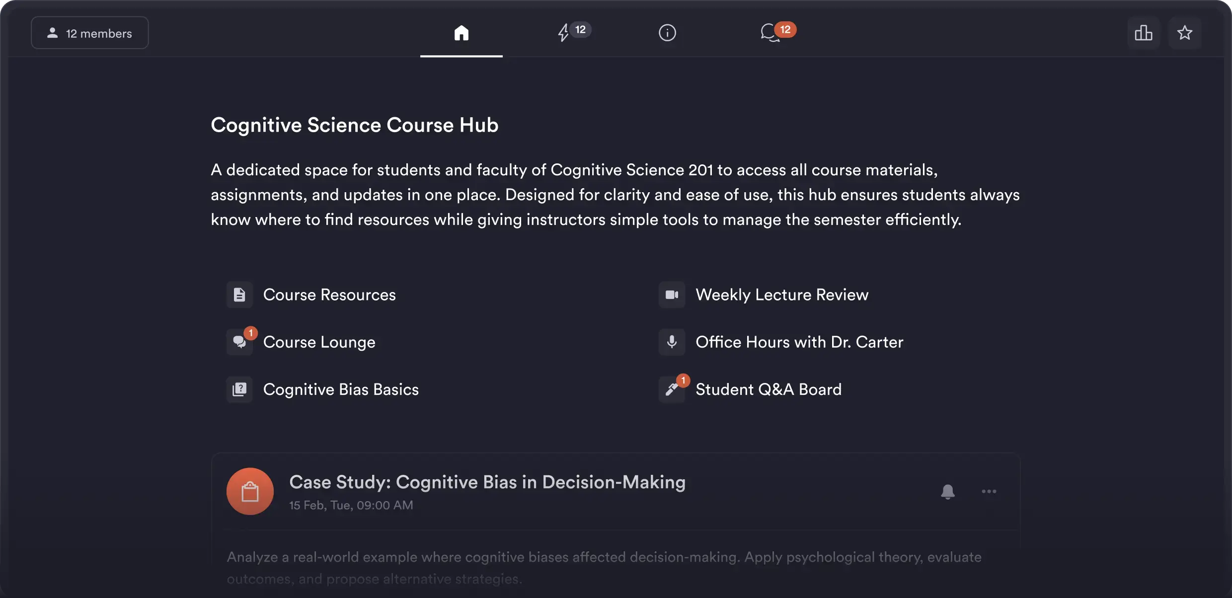 Course space with assignments and materials