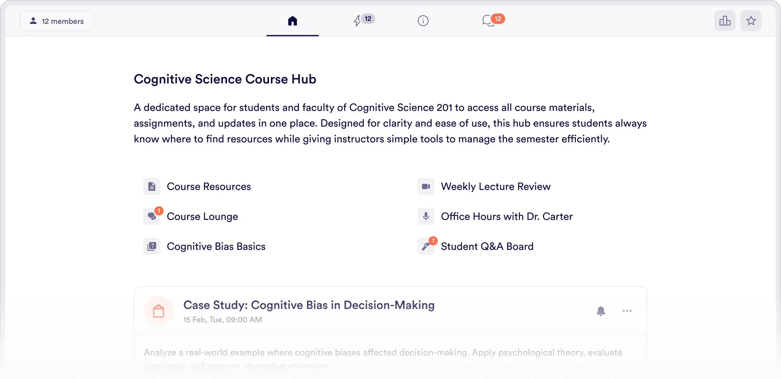 Course space with assignments and materials