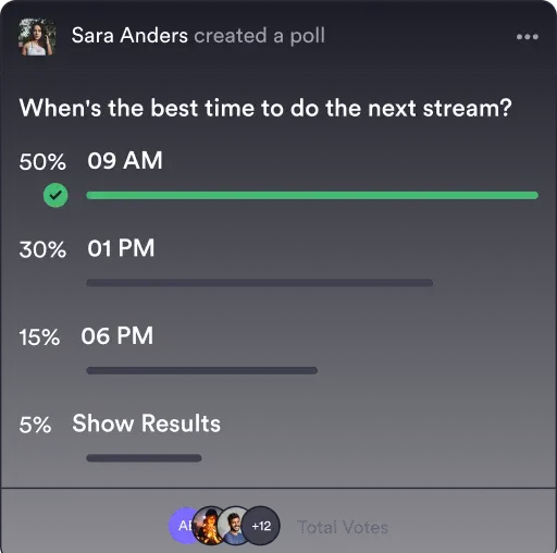 Poll with vote percentages for scheduling the next stream.
