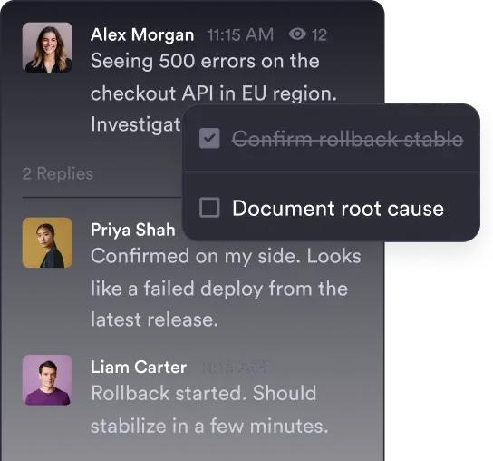 Incident response desk in Pivot, showing runbook page and incident thread.