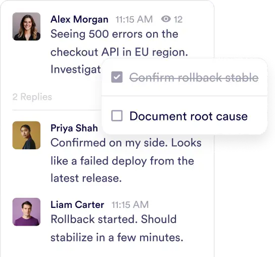 Incident response desk in Pivot, showing runbook page and incident thread.