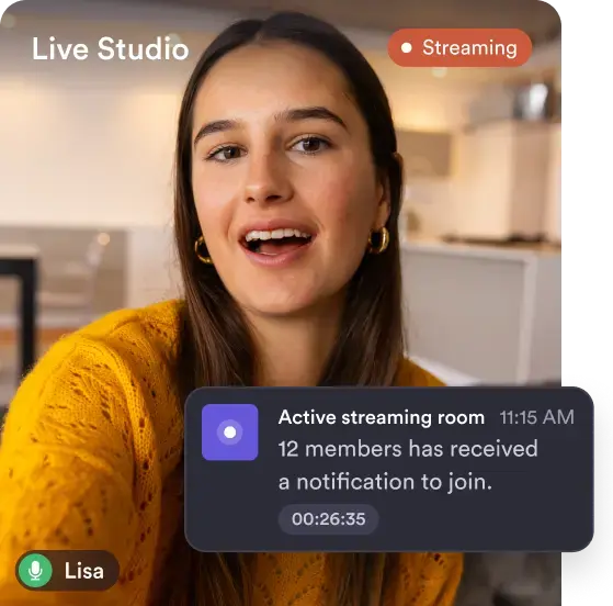 Live studio mockup: streaming session with members notified to join.