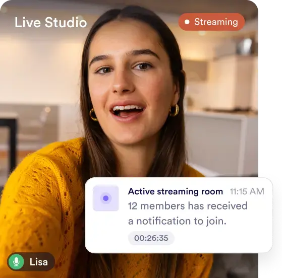 Live studio mockup: streaming session with members notified to join.