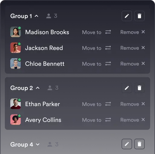 Workshop groups mockup: members organized into breakout groups.