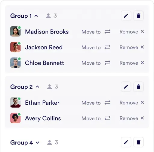 Workshop groups mockup: members organized into breakout groups.