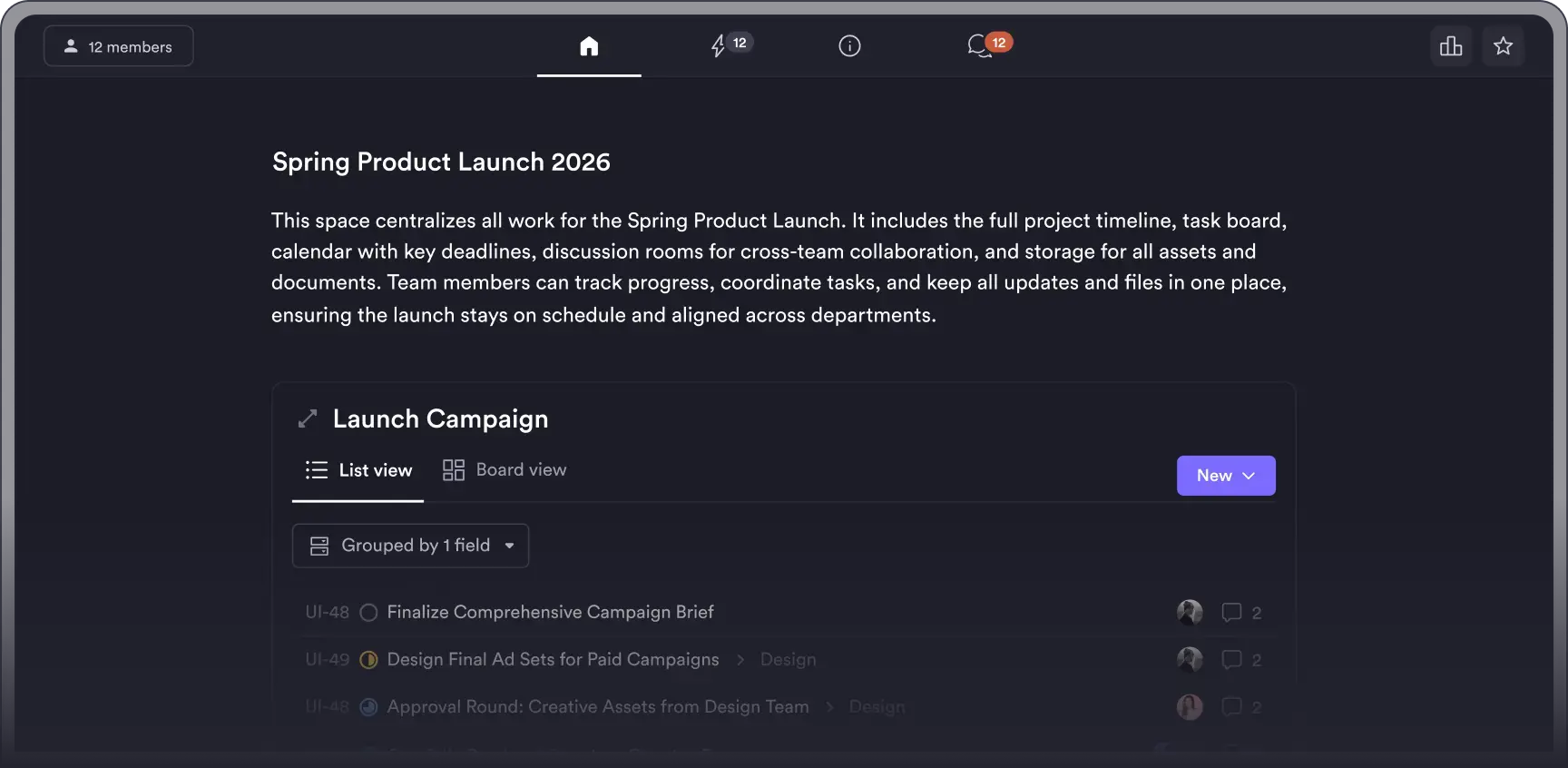 Project space showing goals, pages, and files organized in one workspace