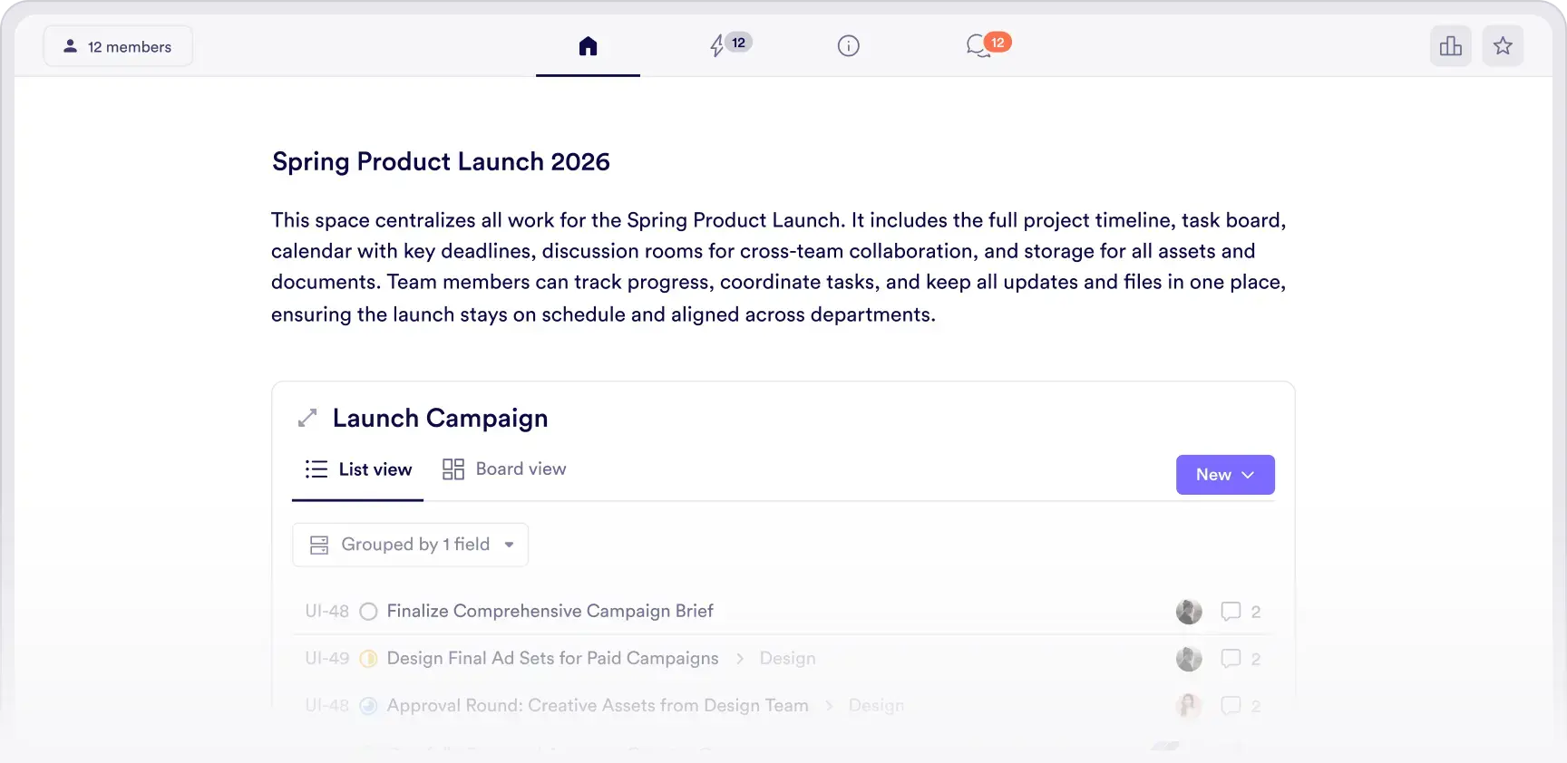 Project space showing goals, pages, and files organized in one workspace