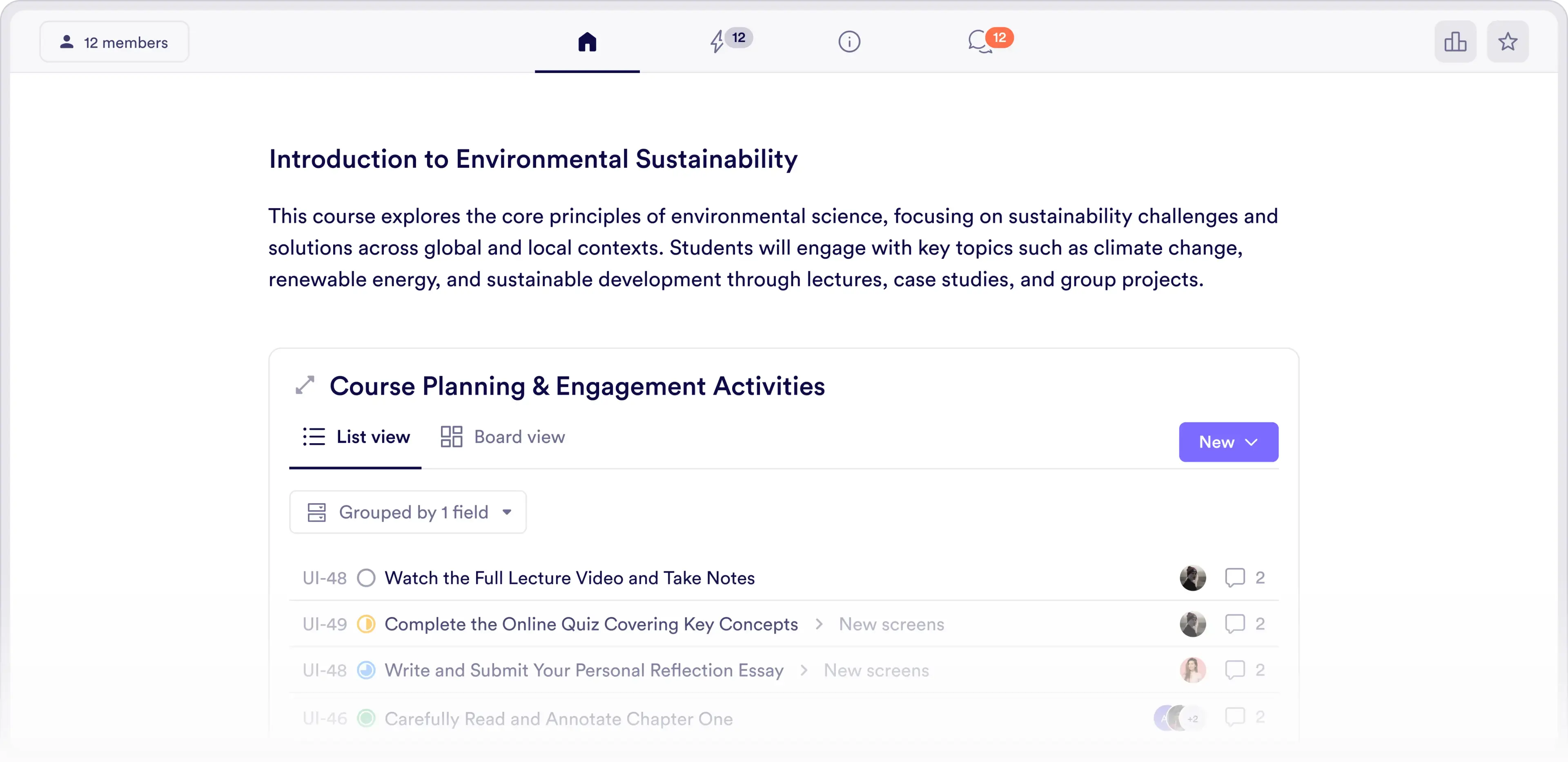 Course space with assignments and materials