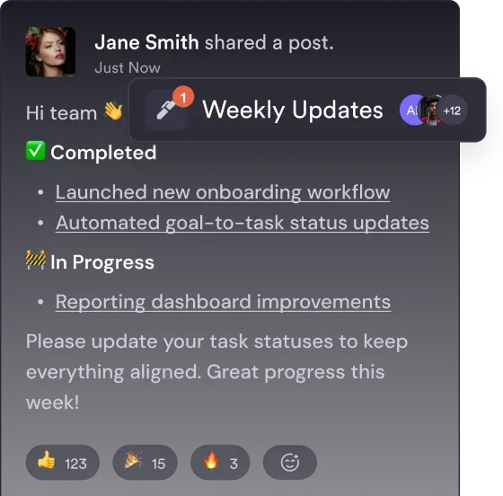 Screenshot of a Team HQ setup in Pivot, showing a feed of weekly updates and a shared calendar.