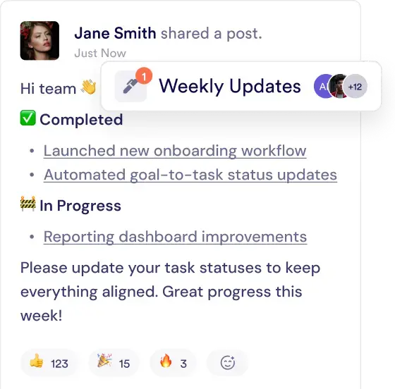Screenshot of a Team HQ setup in Pivot, showing a feed of weekly updates and a shared calendar.